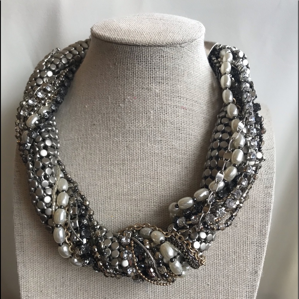 Twisted Multi-Strand Pearl & Hematite Necklace - Silver/White